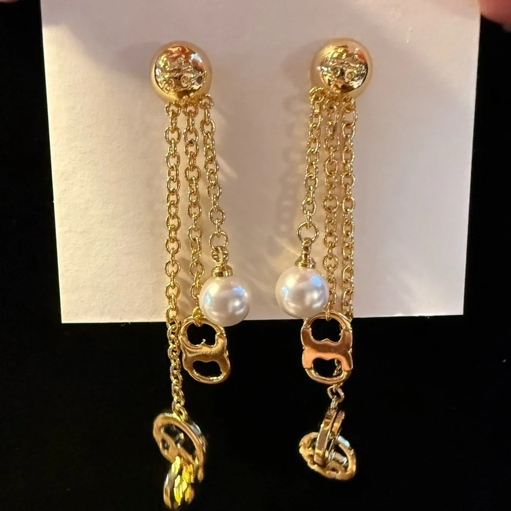 Tory Burch Gold-Tone Drop Earrings with Pearl Detail - NWT